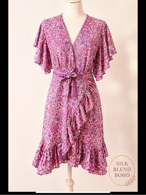 Perry Walker Collective Silk Blend Boho Wrap Ruffle Dress Size 3 M 8-10